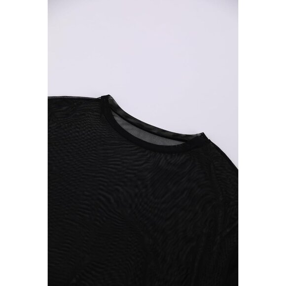 Women’s Mesh Crop Top Short Sleeve Crewneck Sheer Loose Fit Casual Shirt - Picture 5 of 6